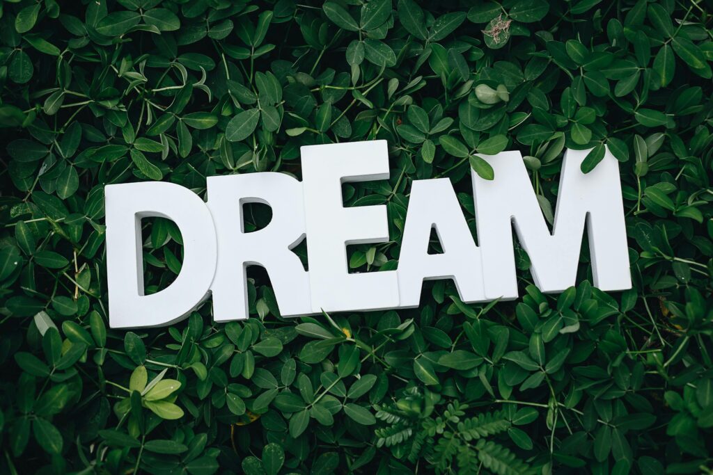 The word dream in all caps on a wall of greenry. 